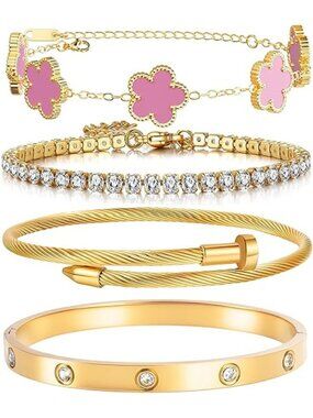 18K Gold Plated Nail Love Bangle Bracelet Set For Women Stackable Floral Clover